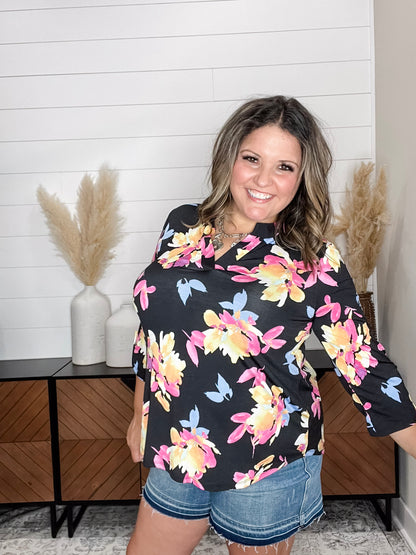 "Sagittarius" Floral Split Neck Lizzy 3/4 Sleeve Split Neck
