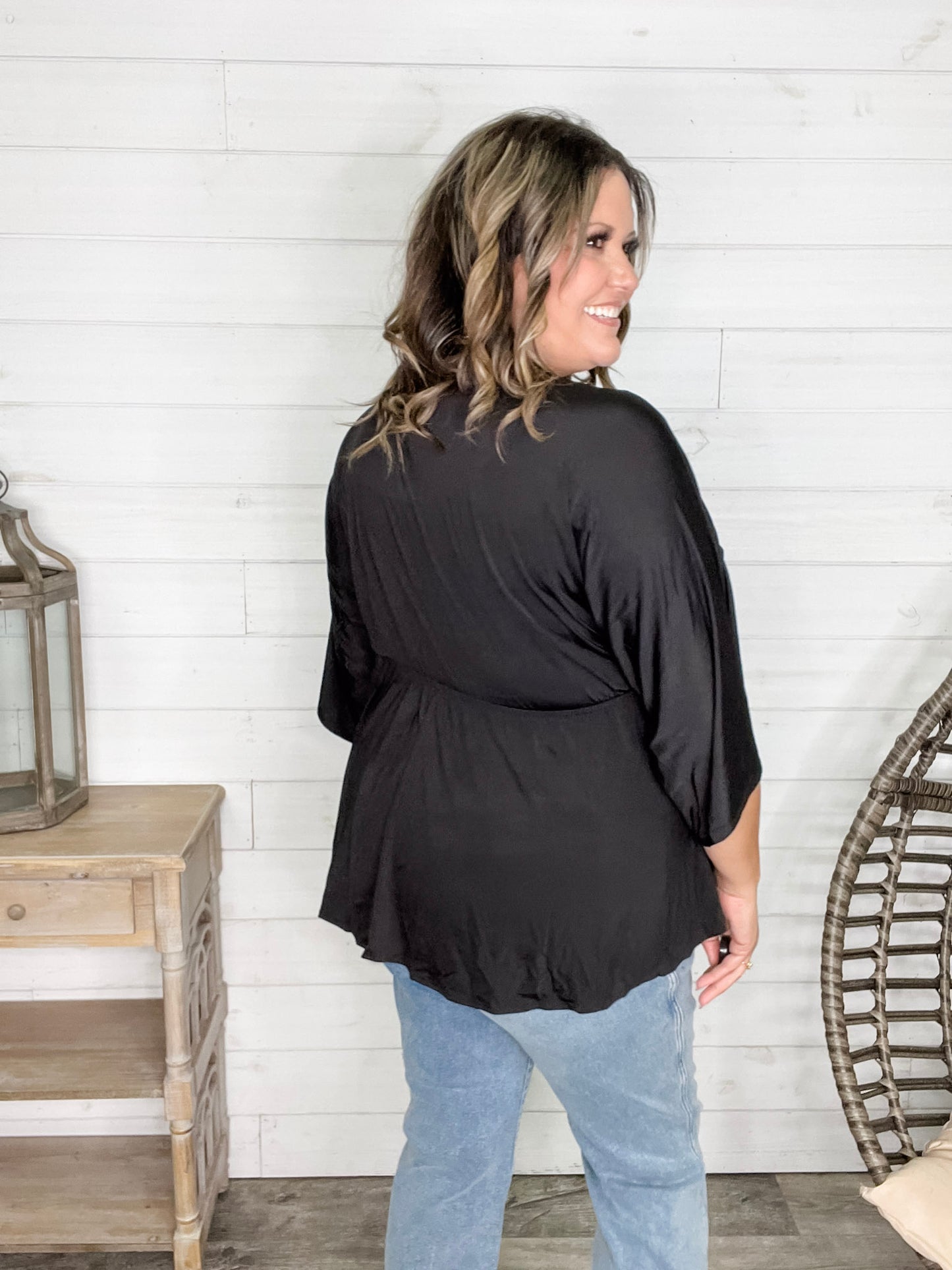 "Undertaking" 3/4 Sleeve V Neck with Elastic Empire Waist (Black)