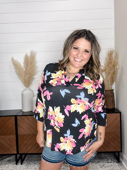 "Sagittarius" Floral Split Neck Lizzy 3/4 Sleeve Split Neck