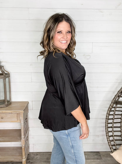 "Undertaking" 3/4 Sleeve V Neck with Elastic Empire Waist (Black)