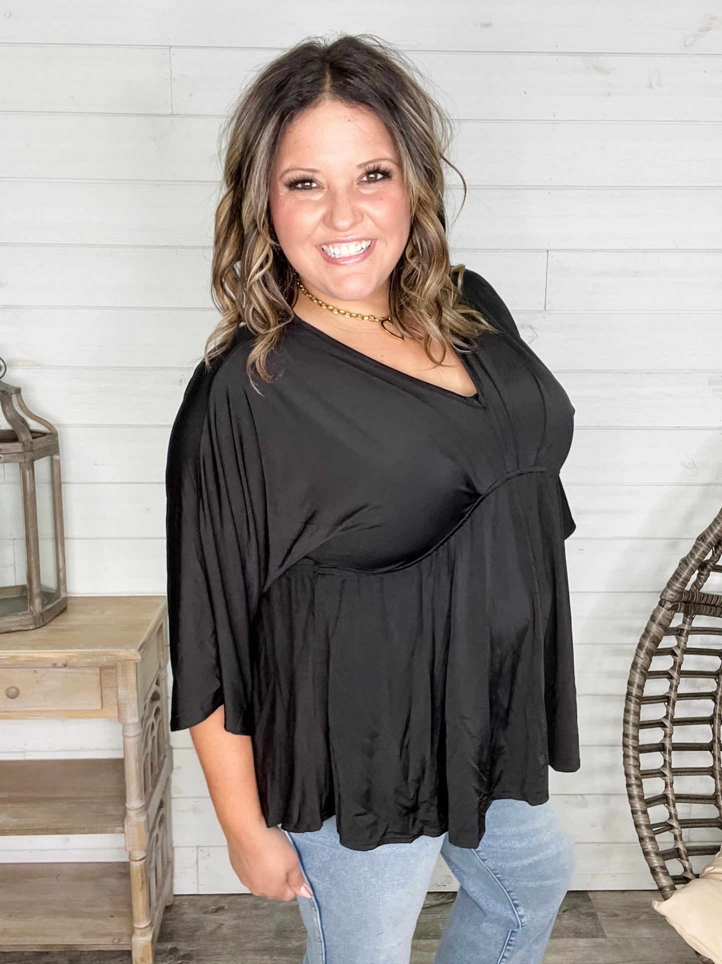 "Undertaking" 3/4 Sleeve V Neck with Elastic Empire Waist (Black)