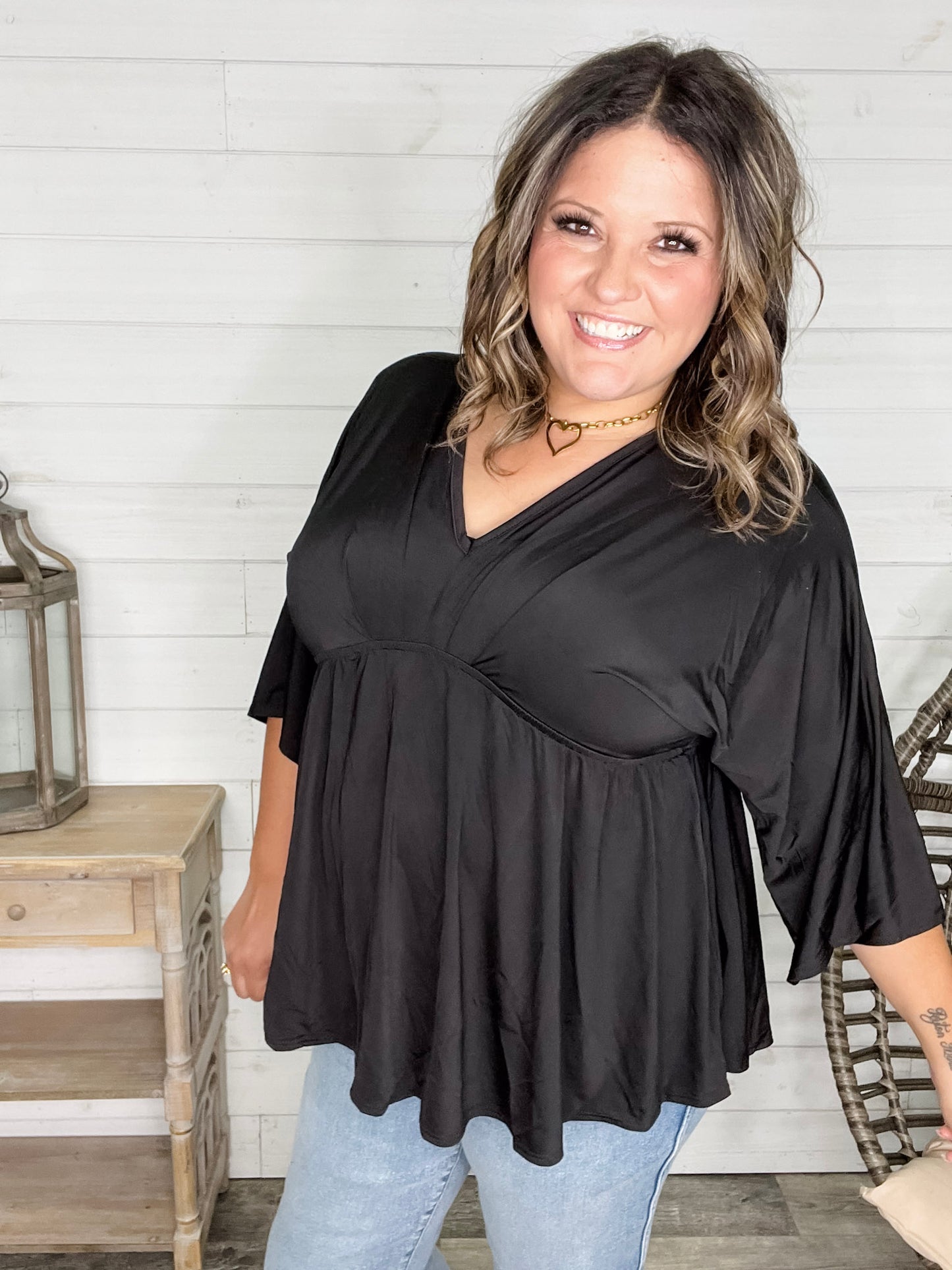 "Undertaking" 3/4 Sleeve V Neck with Elastic Empire Waist (Black)