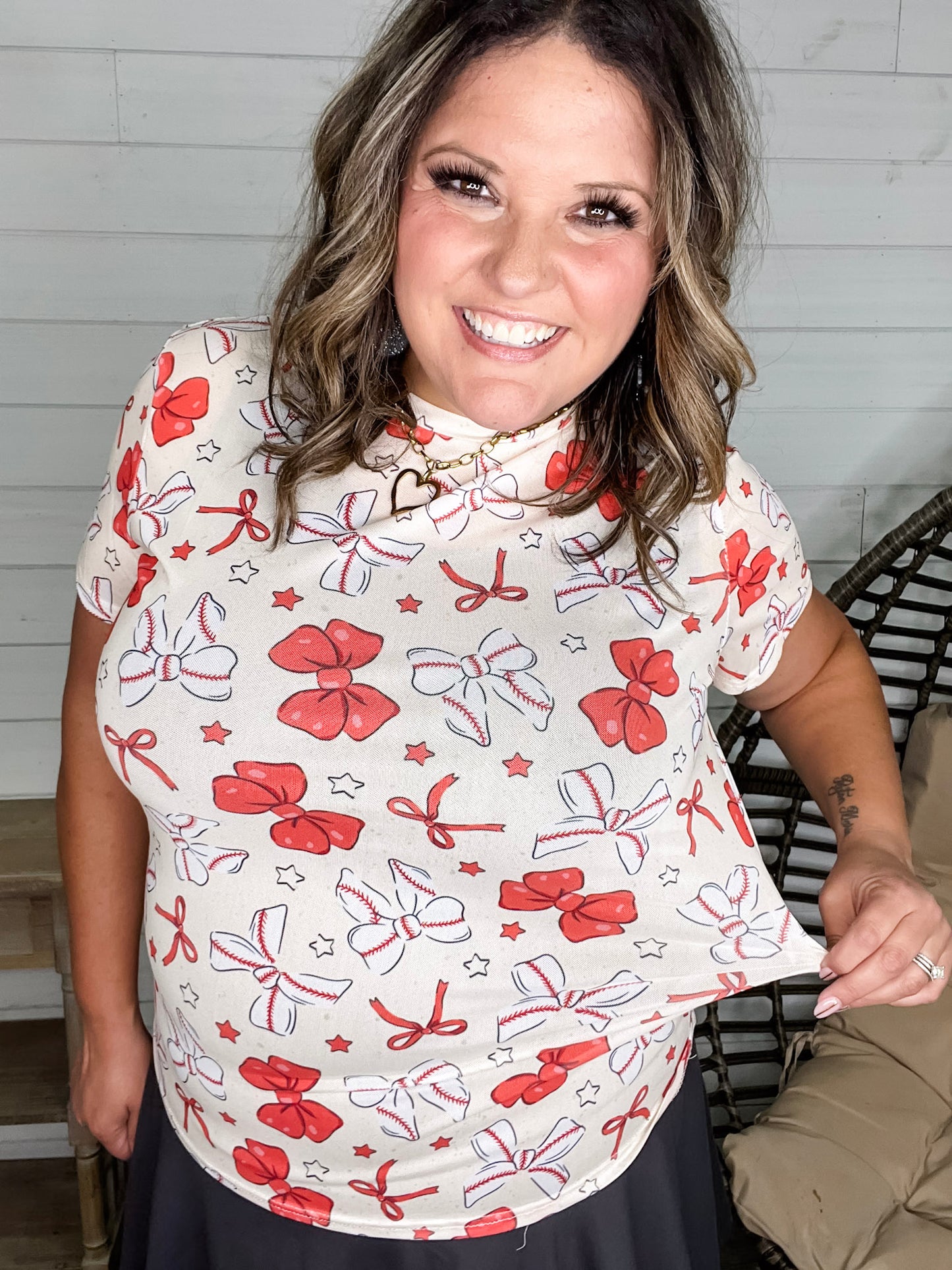 Shirley & Stone "Baseball & Bows" Short Sleeve Mesh Top
