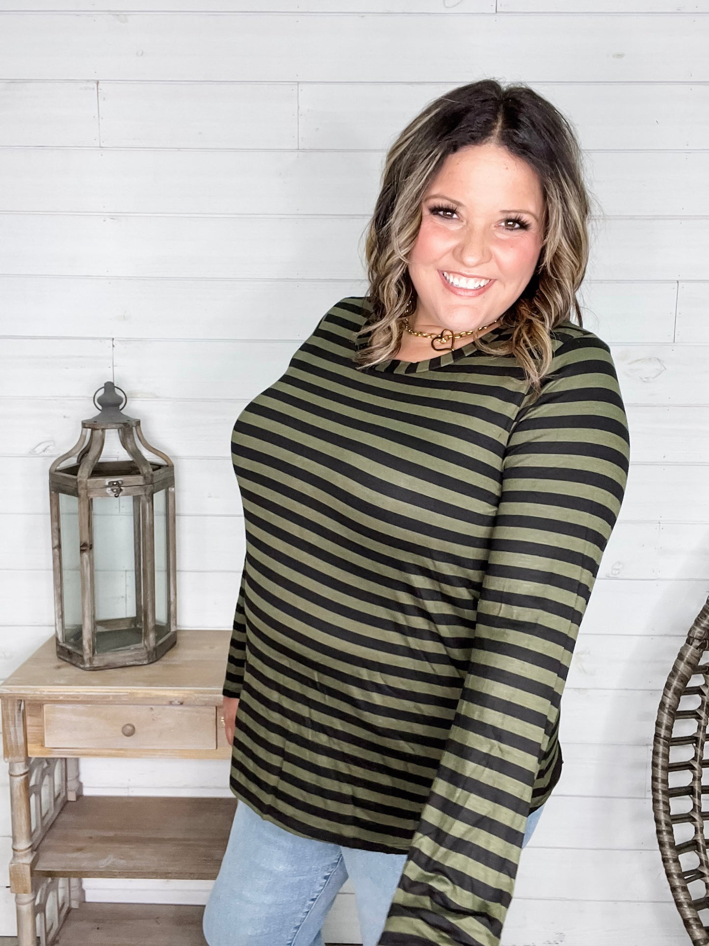 "Got Me" Long Sleeve Striped Top (Green Black)