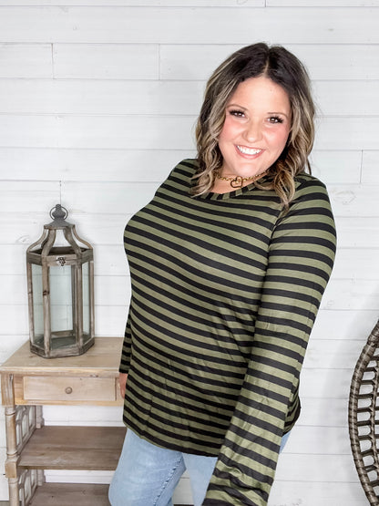 "Got Me" Long Sleeve Striped Top (Green Black)