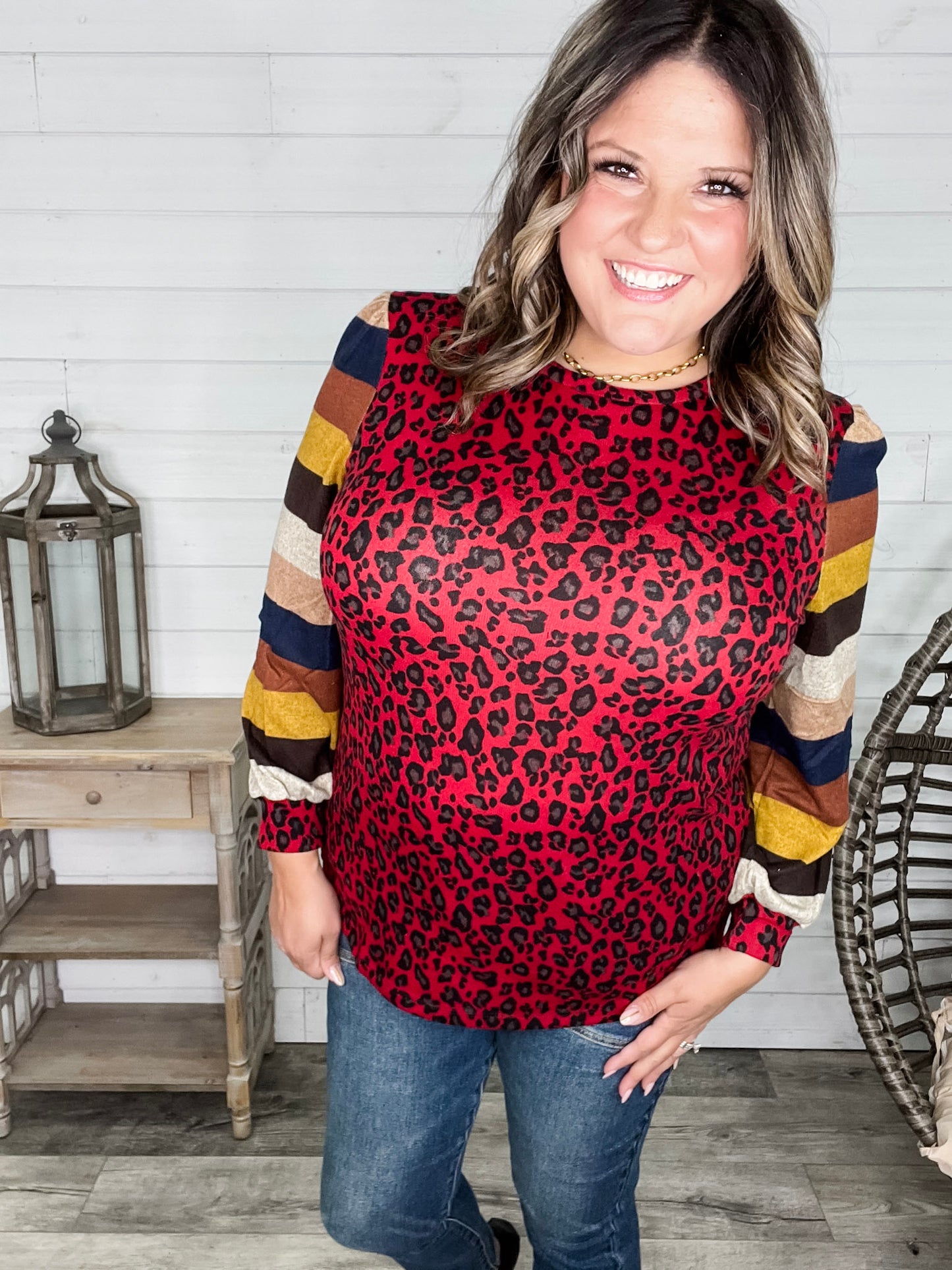 "Well Ok" Long Sleeve Animal Print with Stripe Accent