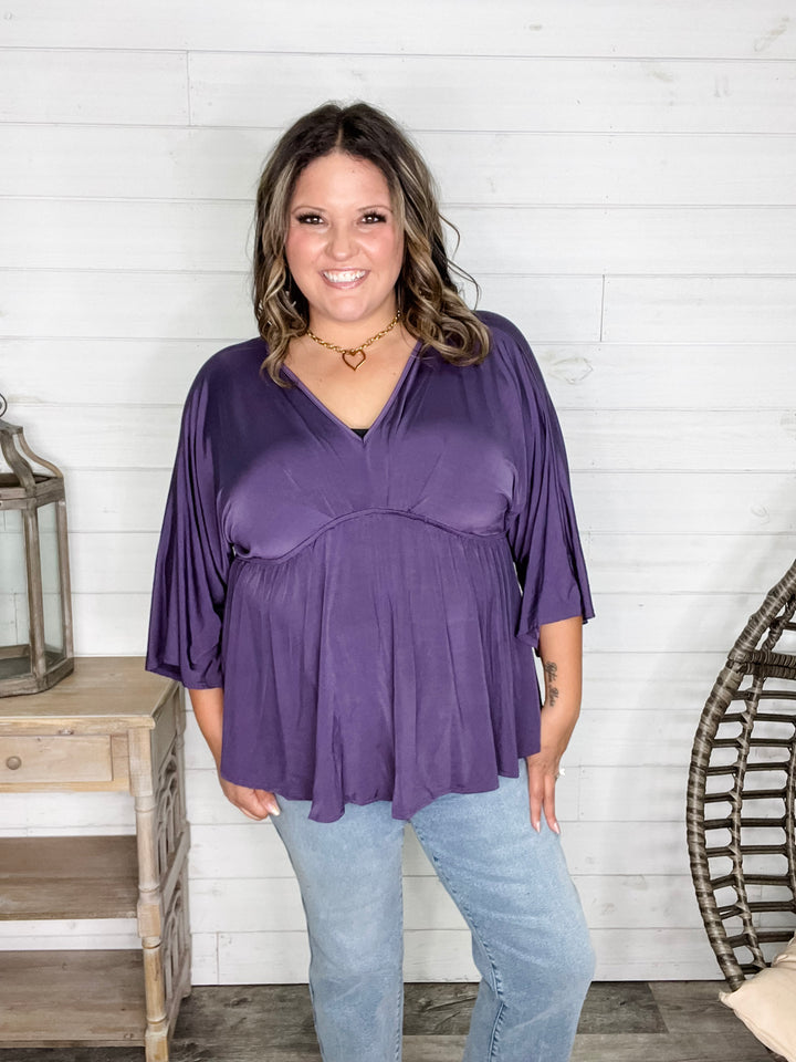 "Undertaking" 3/4 Sleeve V Neck with Elastic Empire Waist (Eggplant)
