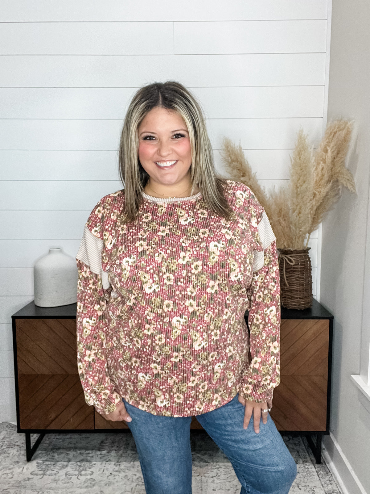 "Sparse" Floral Thermal Knit Top