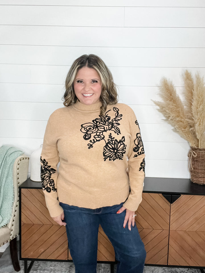 "About That" Long Sleeve Sweater with Floral Applique