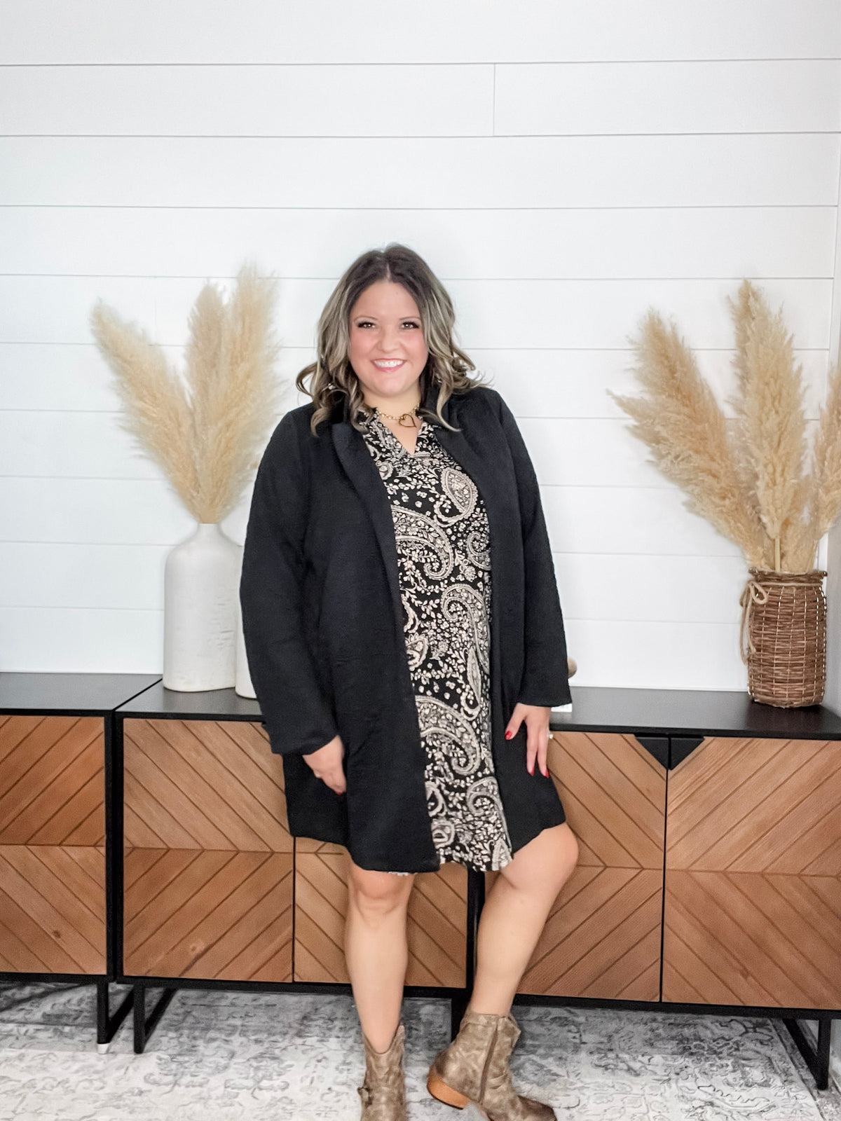 Dear Scarlett "Amara" Jacquard Midi Coat with Pockets (Black)