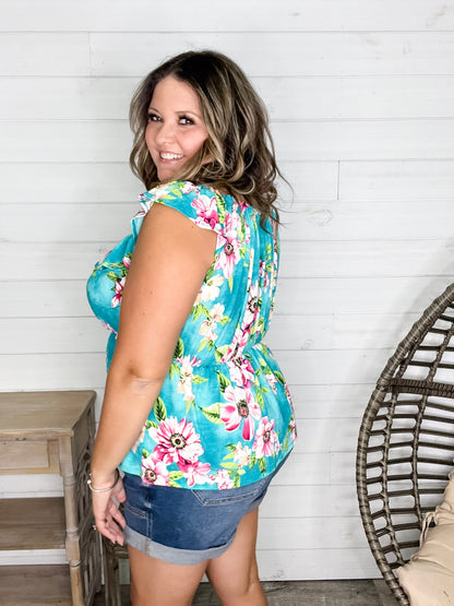"Time Out" Floral Off the Shoulder Faux Button Front