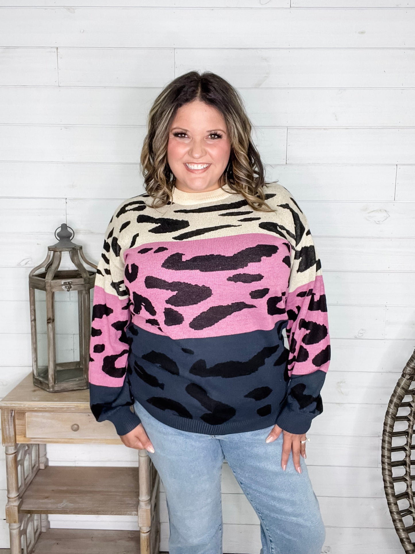 "Sutton" Animal Print Long Sleeve Colorblock Sweater