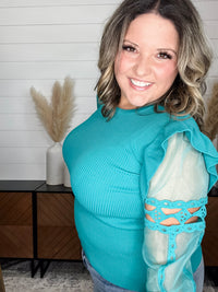 "Questions" Ribbed Body with Detailed Long Sleeves