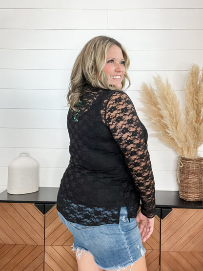 Black lace ruffle neck long sleeve top