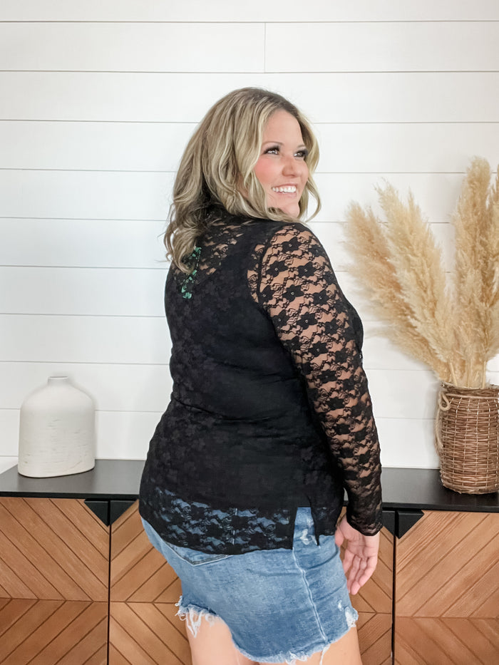 Black lace ruffle neck long sleeve top