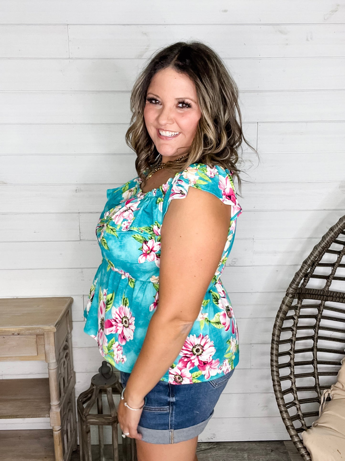 "Time Out" Floral Off the Shoulder Faux Button Front