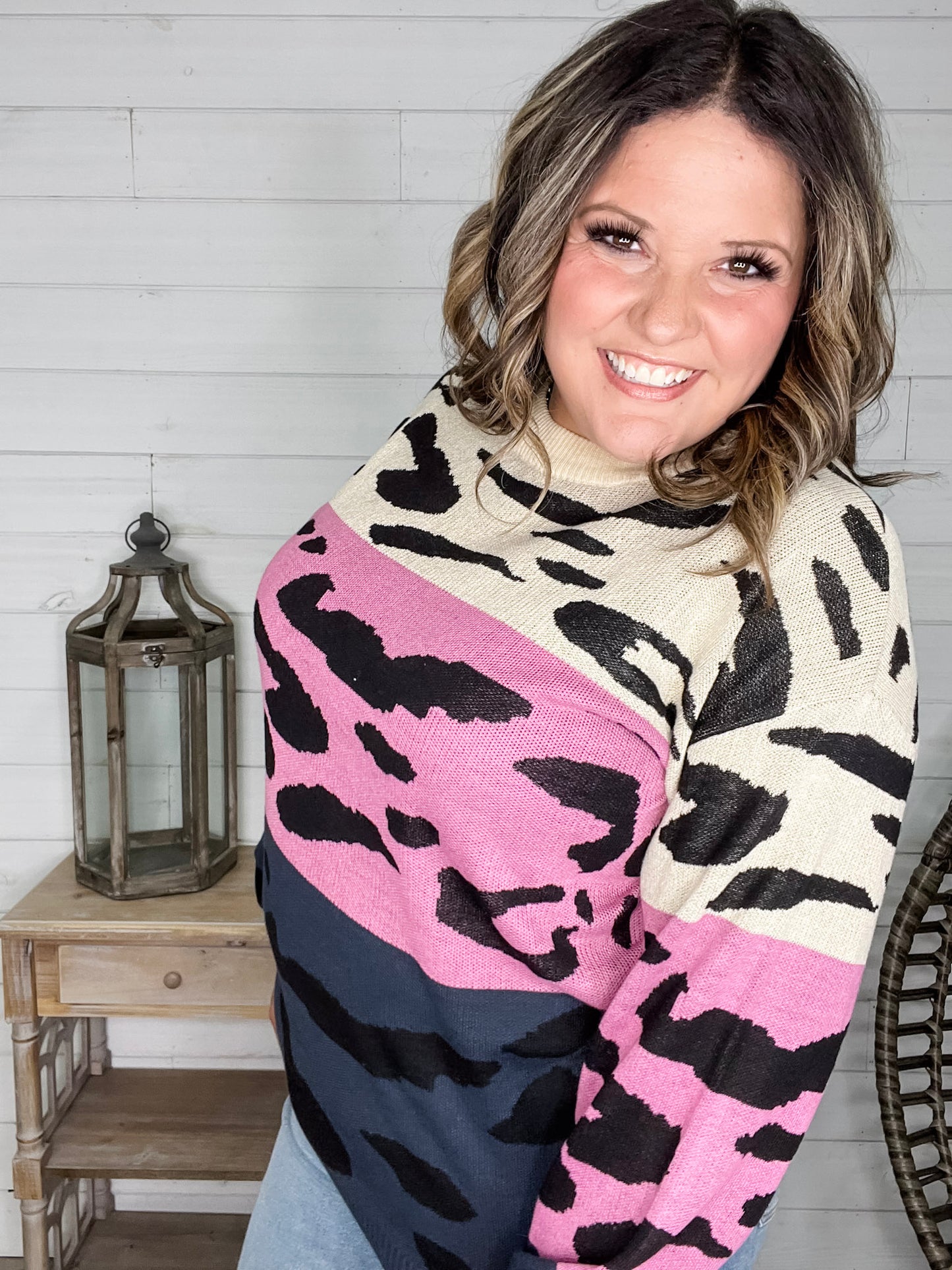"Sutton" Animal Print Long Sleeve Colorblock Sweater