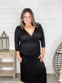 Solid 3/4 Sleeve Wrap Dress with Pockets (Black)