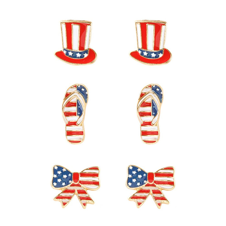 Set of Three American Flag Top Hat, Bow, and Flip Flops Enamel Stud Earrings