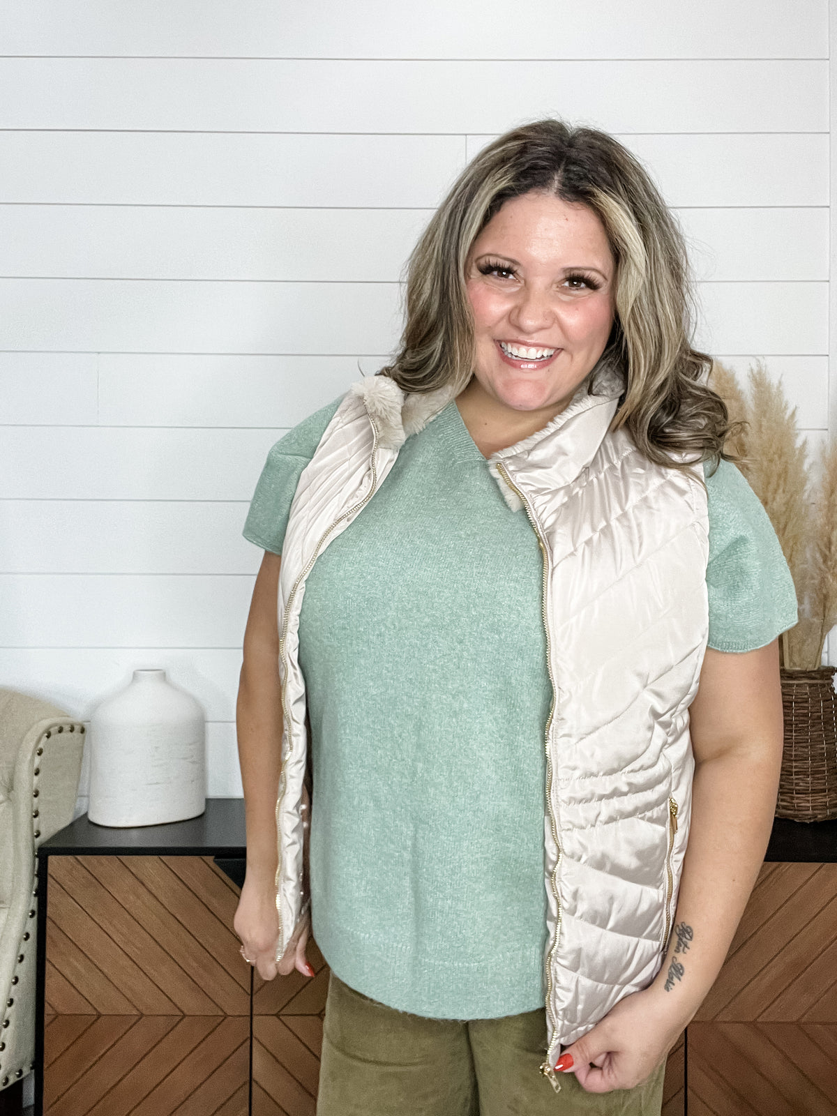 "Channel" Zip Up Vest with Faux Fur Collar