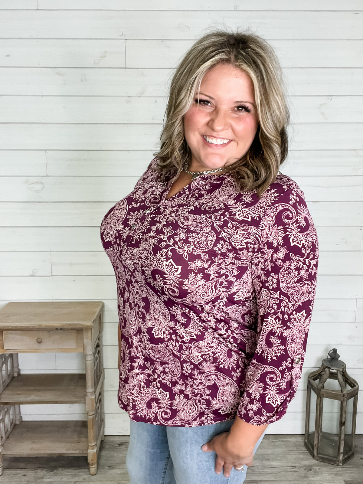 "Decagon" 3/4 Sleeve Button Front Lizzy Luxe