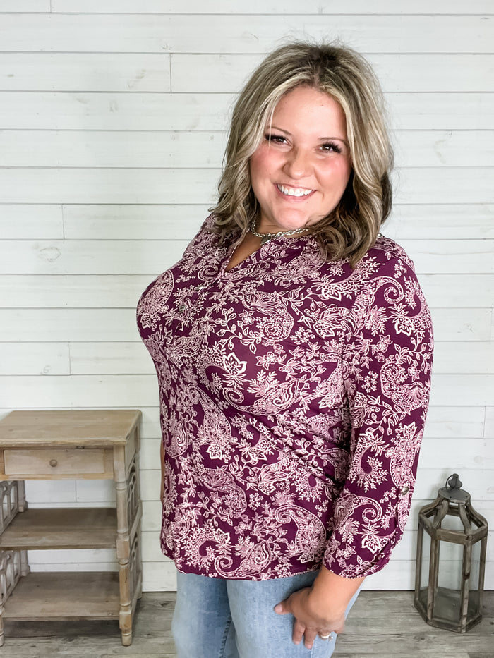 "Decagon" 3/4 Sleeve Button Front Lizzy Luxe