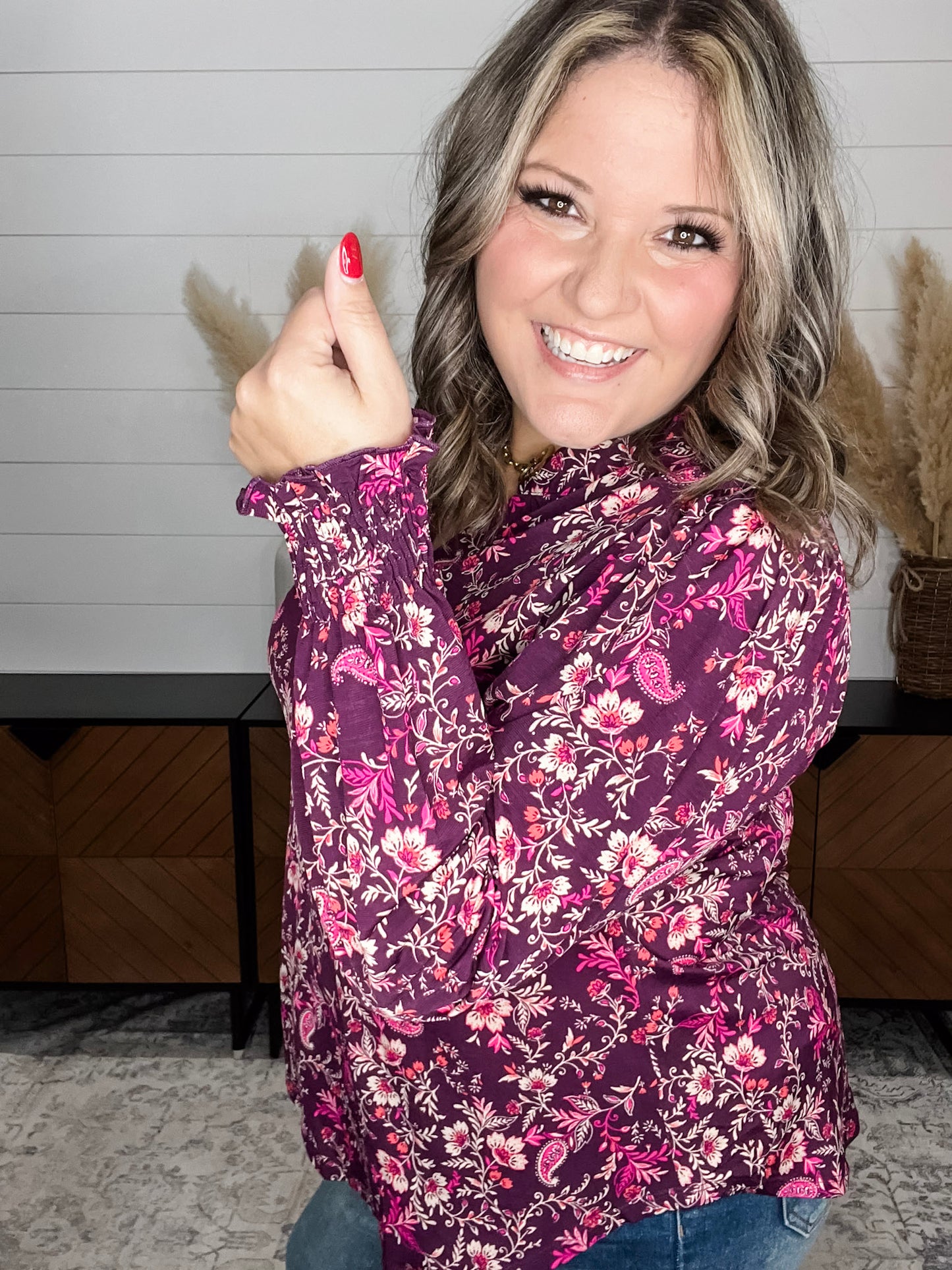 "Titanium" Smocked Wrist Long Sleeve Split Neck