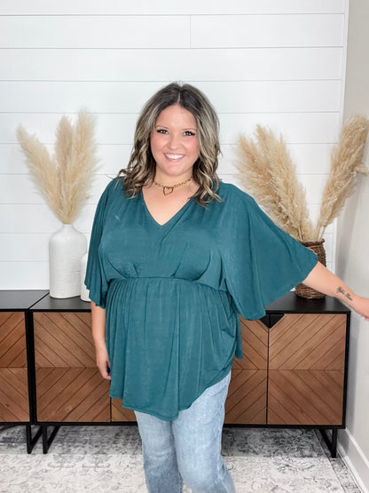 "Here We Go Again" V Neck 3/4 Bell Sleeve (Hunter Green)
