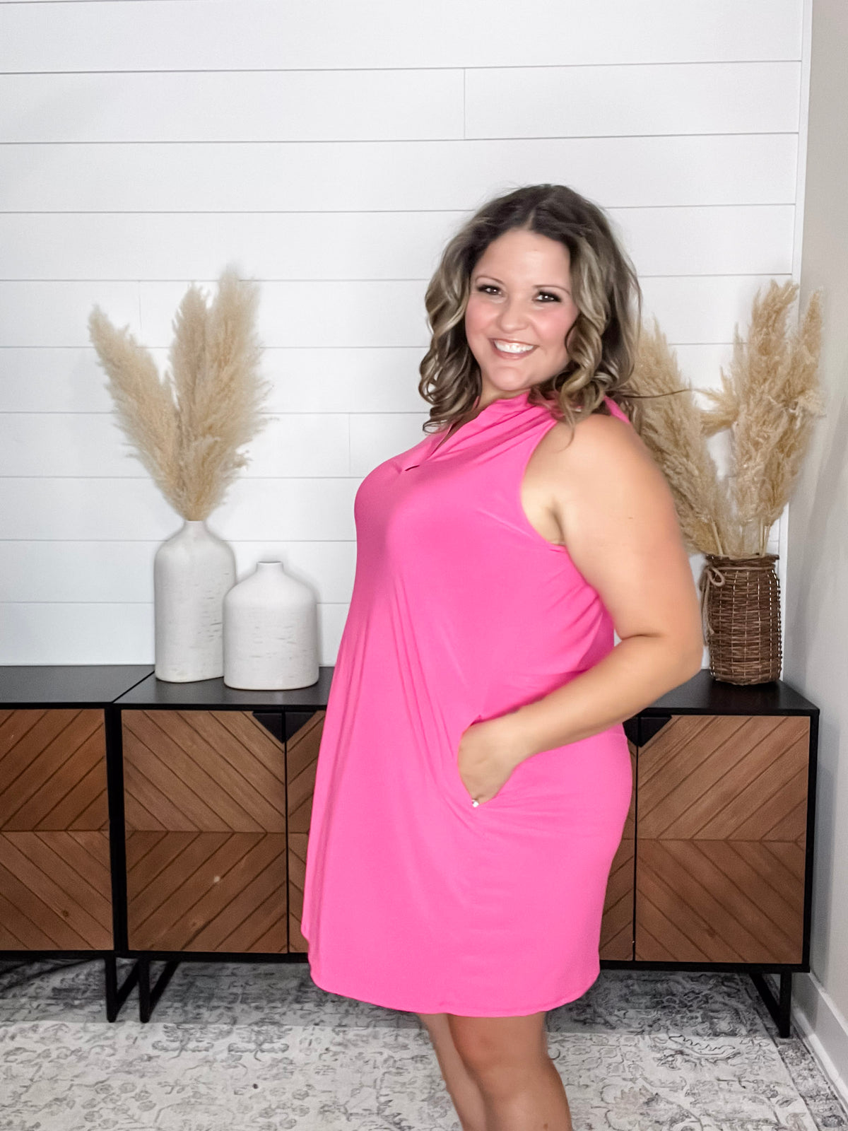 Dear Scarlett "Up My Alley" Sleeveless Split Neck Dress with Pockets (Hot Pink)