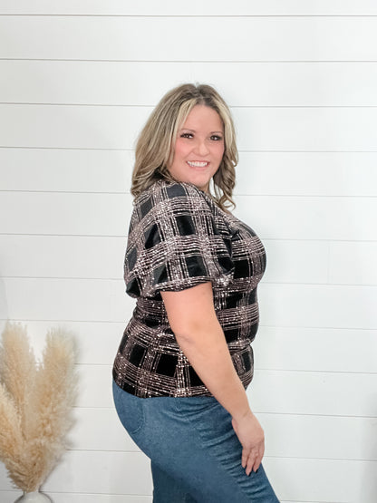 "Bright Lights"  Pink Glitter Velour Short Puff Sleeve