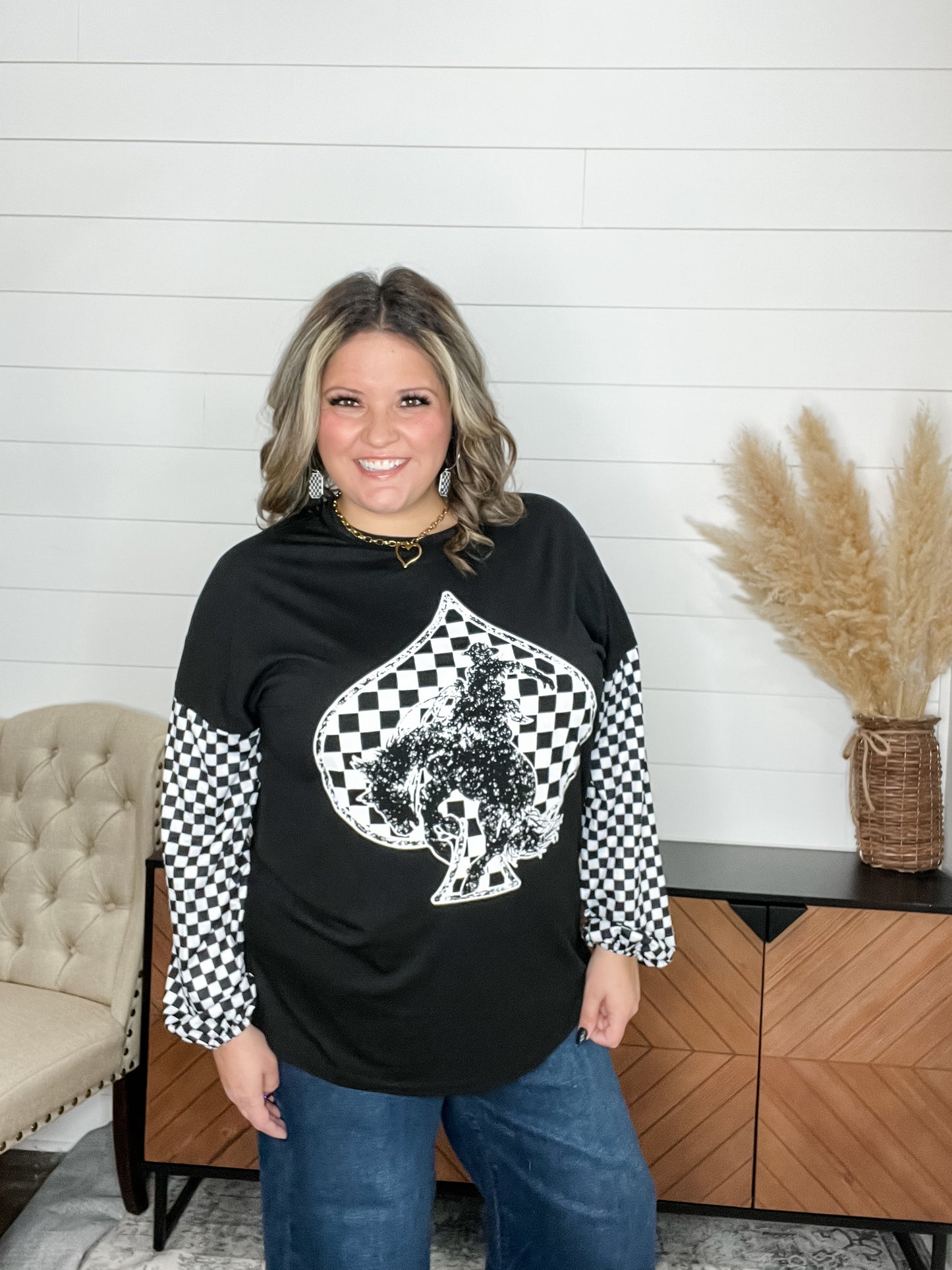 "Ride Em Cowboy" Checkered Long Sleeve