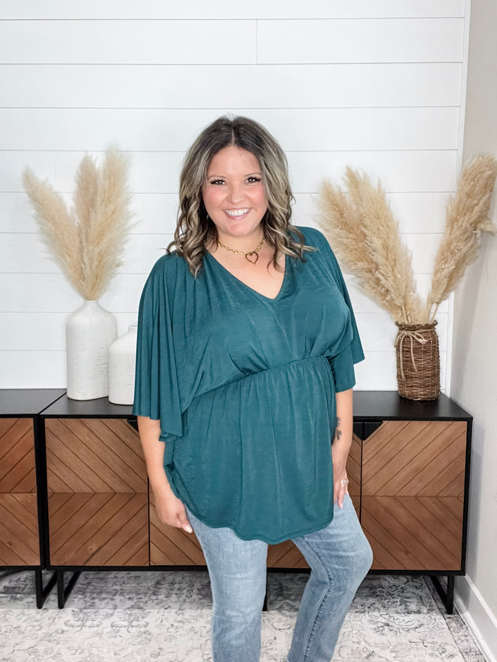 "Here We Go Again" V Neck 3/4 Bell Sleeve (Hunter Green)