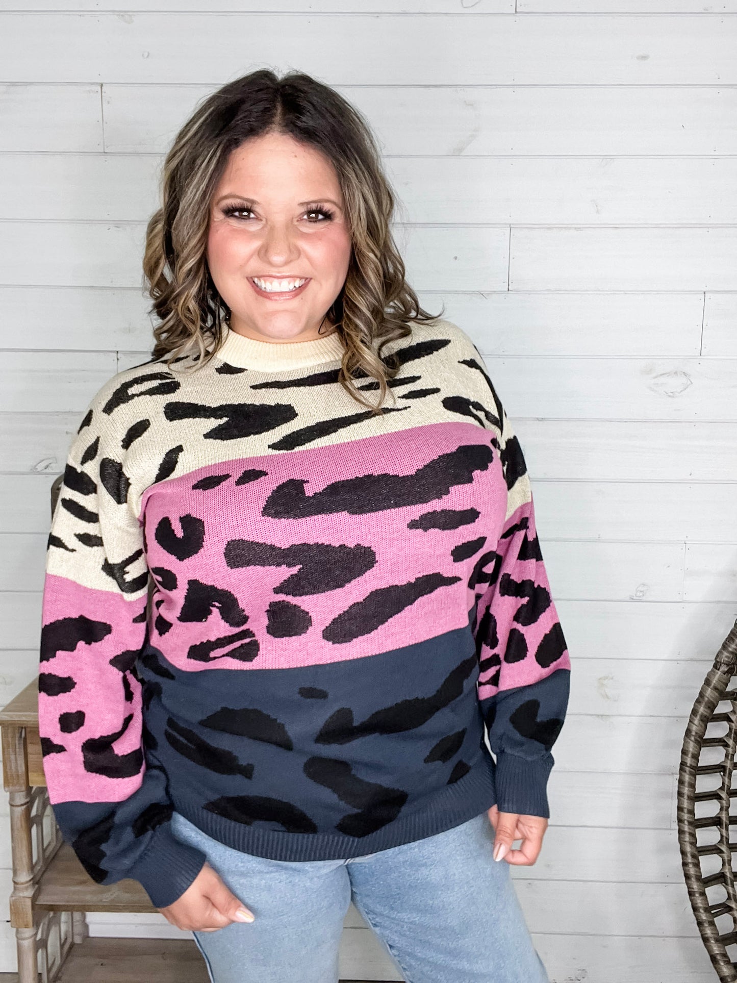 "Sutton" Animal Print Long Sleeve Colorblock Sweater