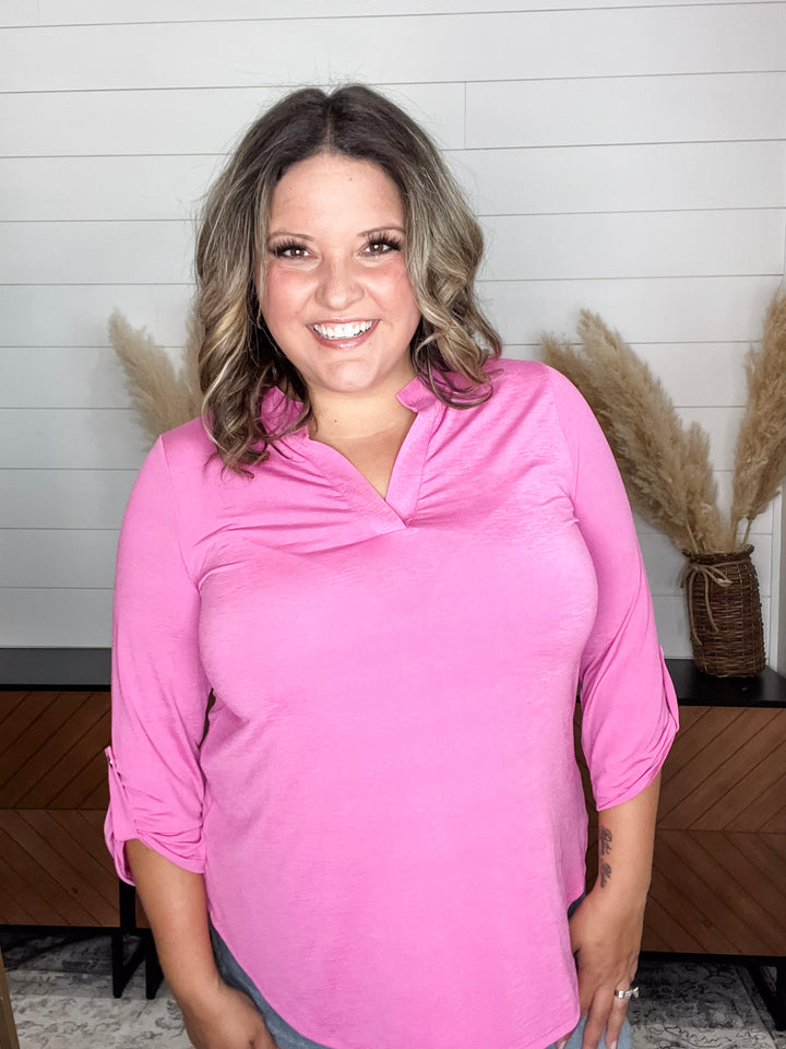 "Pearlie" Solid Color 3/4 Sleeve Split Neck (Magenta)