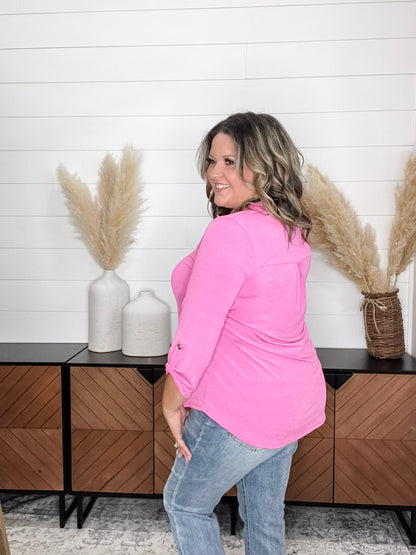 "Pearlie" Solid Color 3/4 Sleeve Split Neck (Magenta)