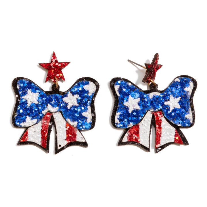 Glitter American Flag Bow Drop Earrings