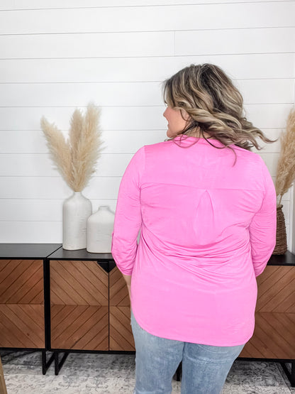 "Pearlie" Solid Color 3/4 Sleeve Split Neck (Magenta)