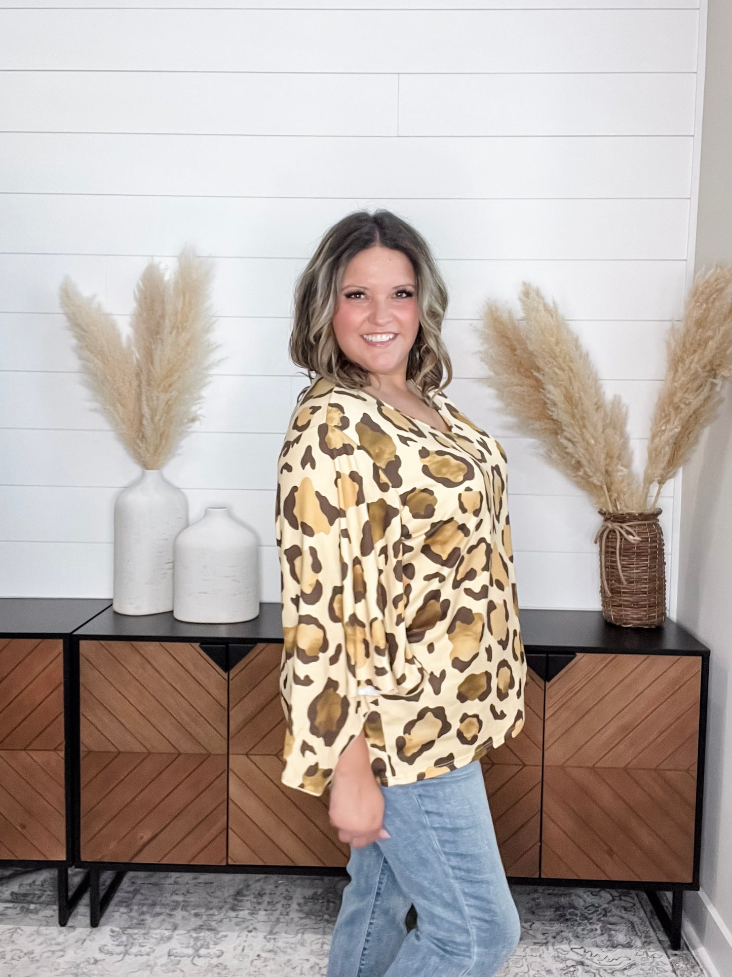 "Switch Up" Animal Print V Neck Tulip Sleeve