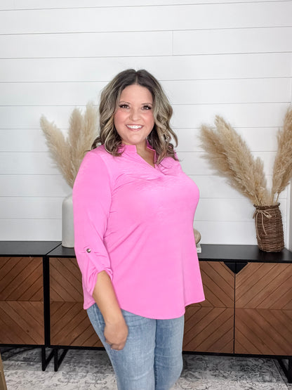 "Pearlie" Solid Color 3/4 Sleeve Split Neck (Magenta)
