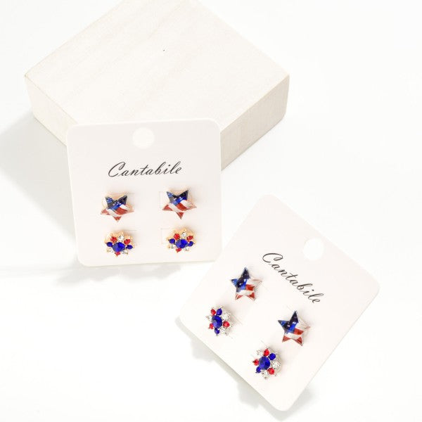 Set Of Two Americana Star Flag Stud Earring