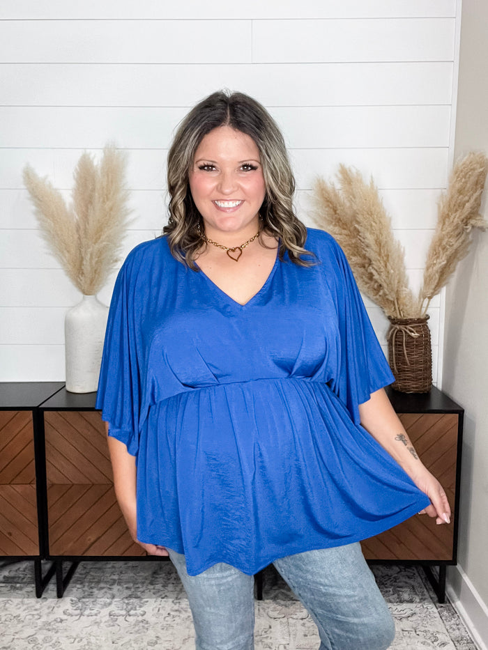 Dear Scarlett "Here We Go Again" V Neck 3/4 Bell Sleeve (Royal Blue)