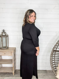 Solid 3/4 Sleeve Wrap Dress with Pockets (Black)
