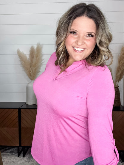 "Pearlie" Solid Color 3/4 Sleeve Split Neck (Magenta)
