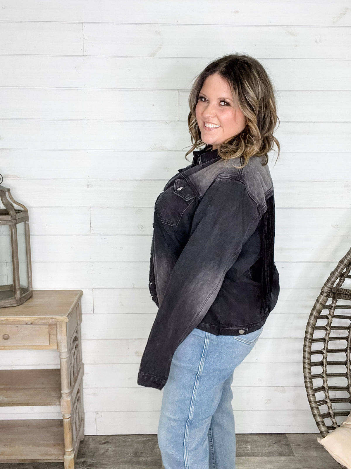 "Rough and Ready" Denim Jacket with Fringe Detail (Black)