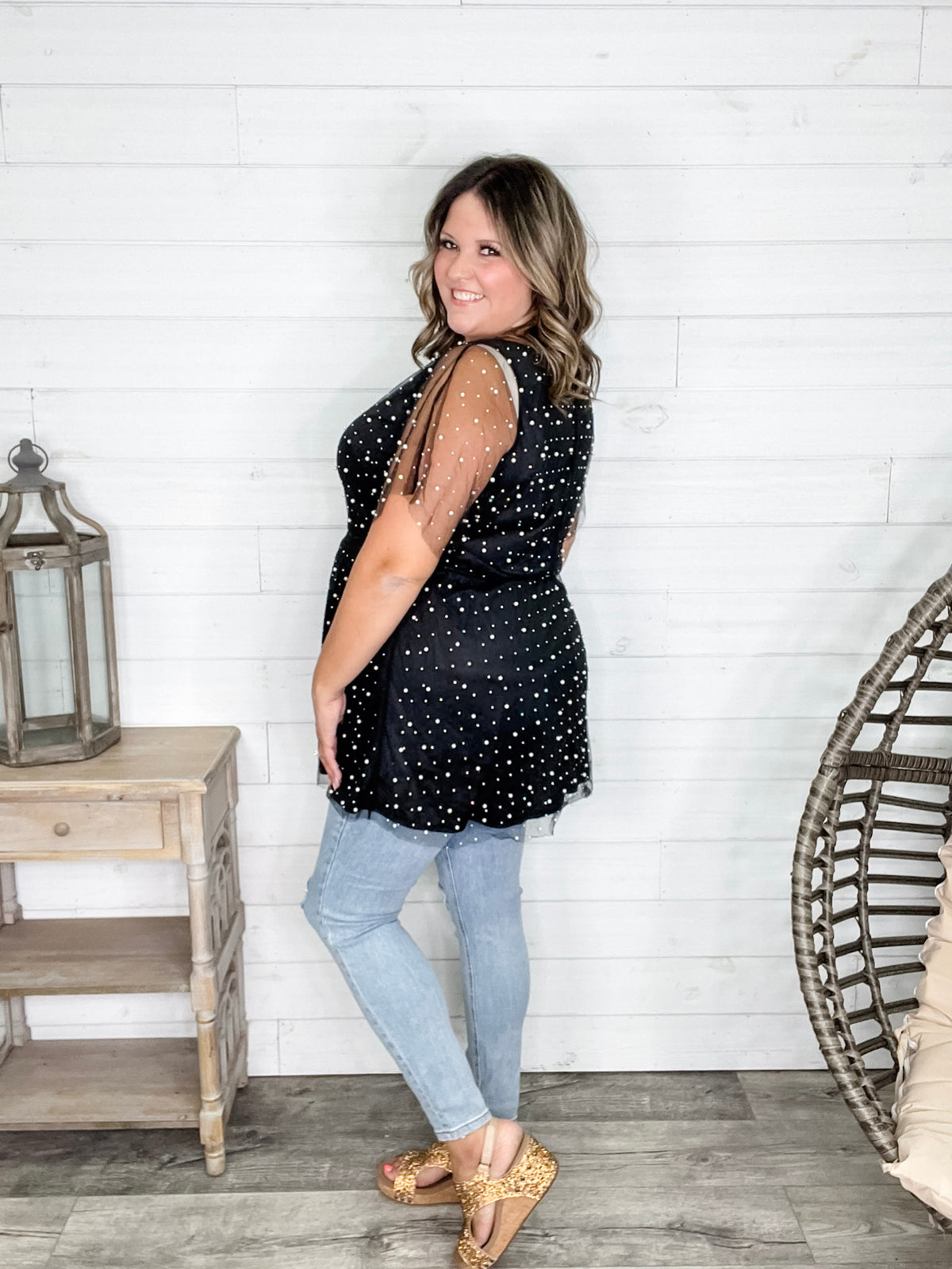 "Eras" Pearl Mesh Lined Tunic / Dress (Black)