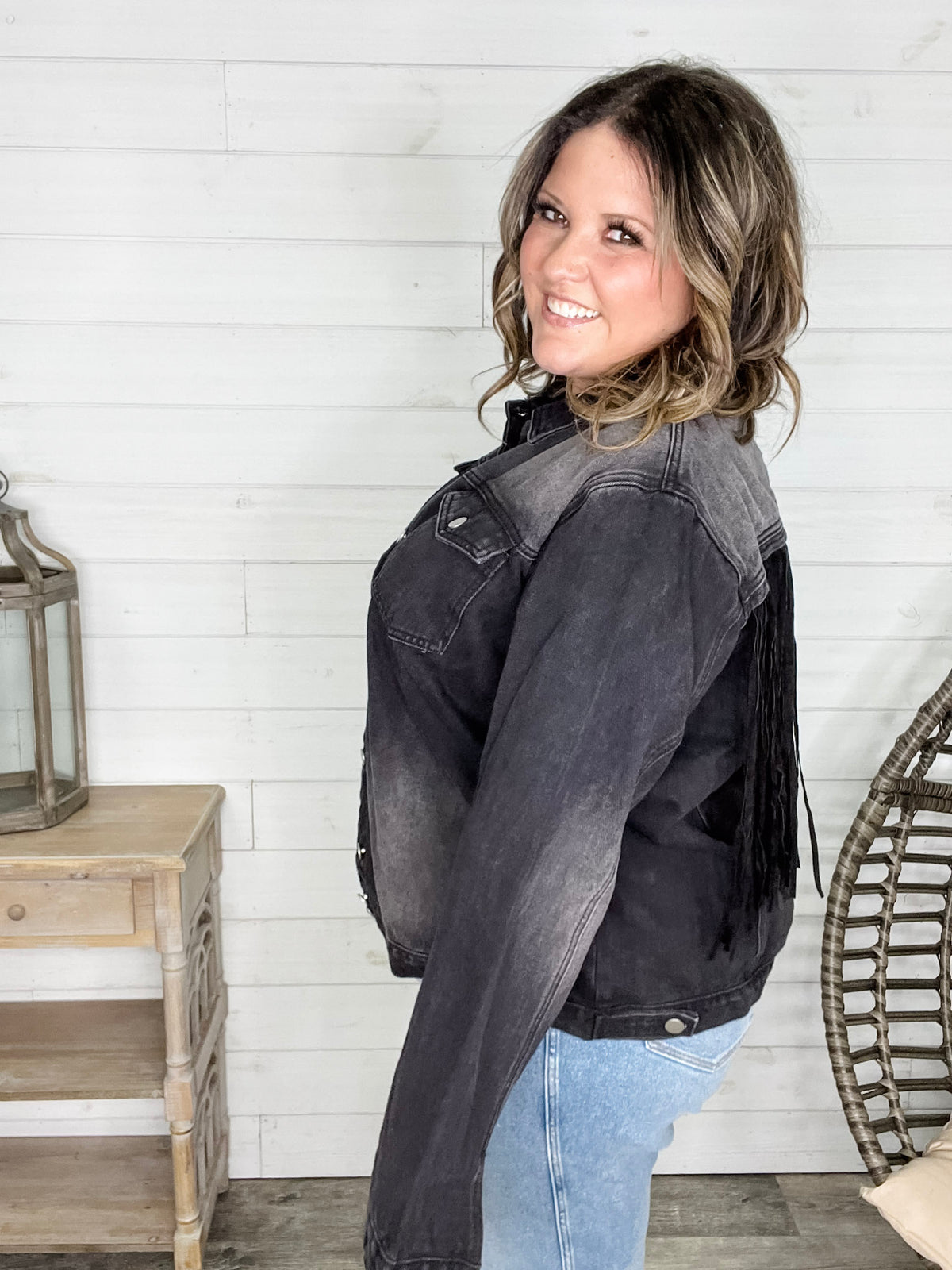 "Rough and Ready" Denim Jacket with Fringe Detail (Black)