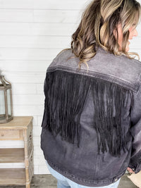 "Rough and Ready" Denim Jacket with Fringe Detail (Black)