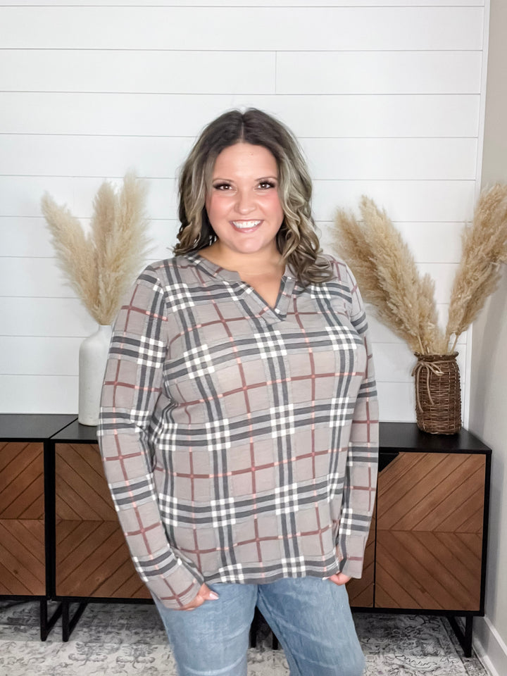 "Surrender" Plaid Long Sleeve Split Neck