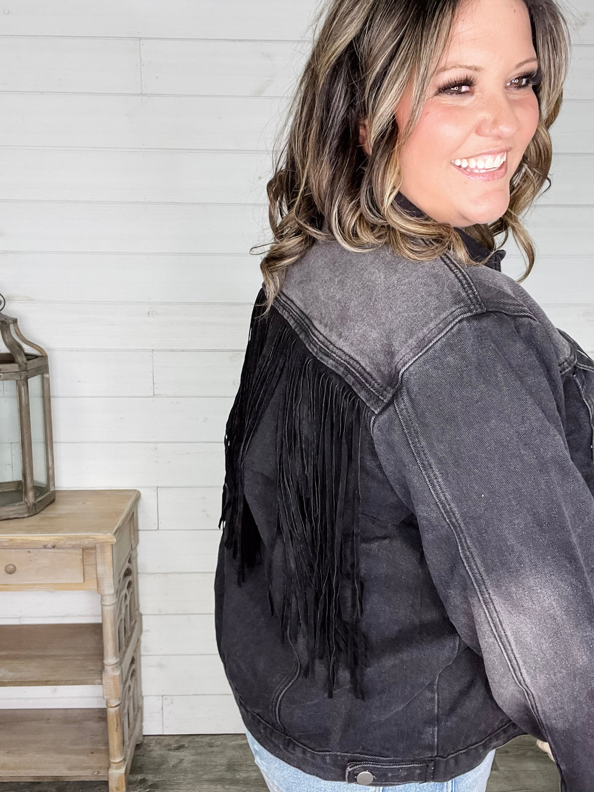 "Rough and Ready" Denim Jacket with Fringe Detail (Black)