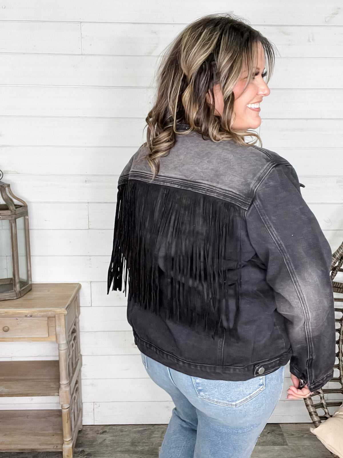 "Rough and Ready" Denim Jacket with Fringe Detail (Black)